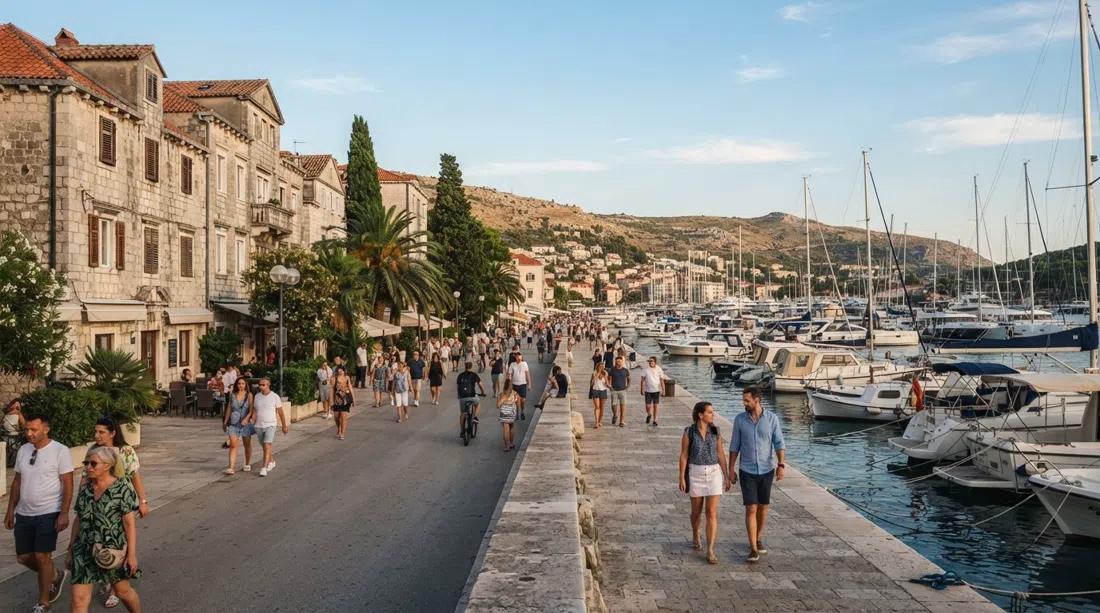 the Gruž harbour promenade at late afternoon, old villas on one side, yacht moorings and open water on the other, with the ACI marina in the distance