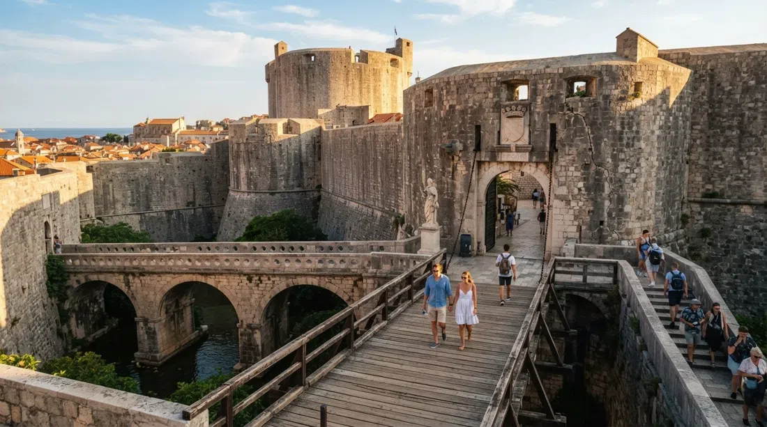 the Ploče Gate approach in Dubrovnik, with the wooden drawbridge, double-arched stone bridge, and Revelin Fortress in late-afternoon light