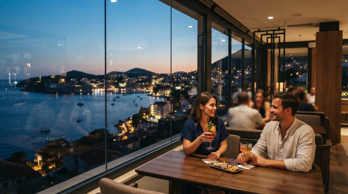 the top-floor Zenith Bar at Hotel Kompas at dusk, floor-to-ceiling windows looking over Lapad Bay with cocktails and city lights beyond