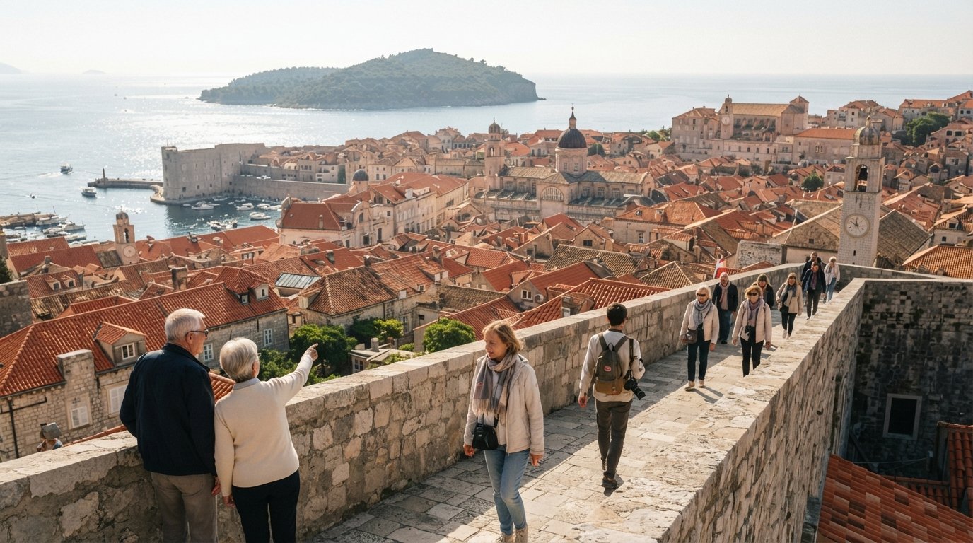 Dubrovnik City Walls at 8am, terracotta rooftops below and the Adriatic beyond, shot from the ramparts in soft morning light