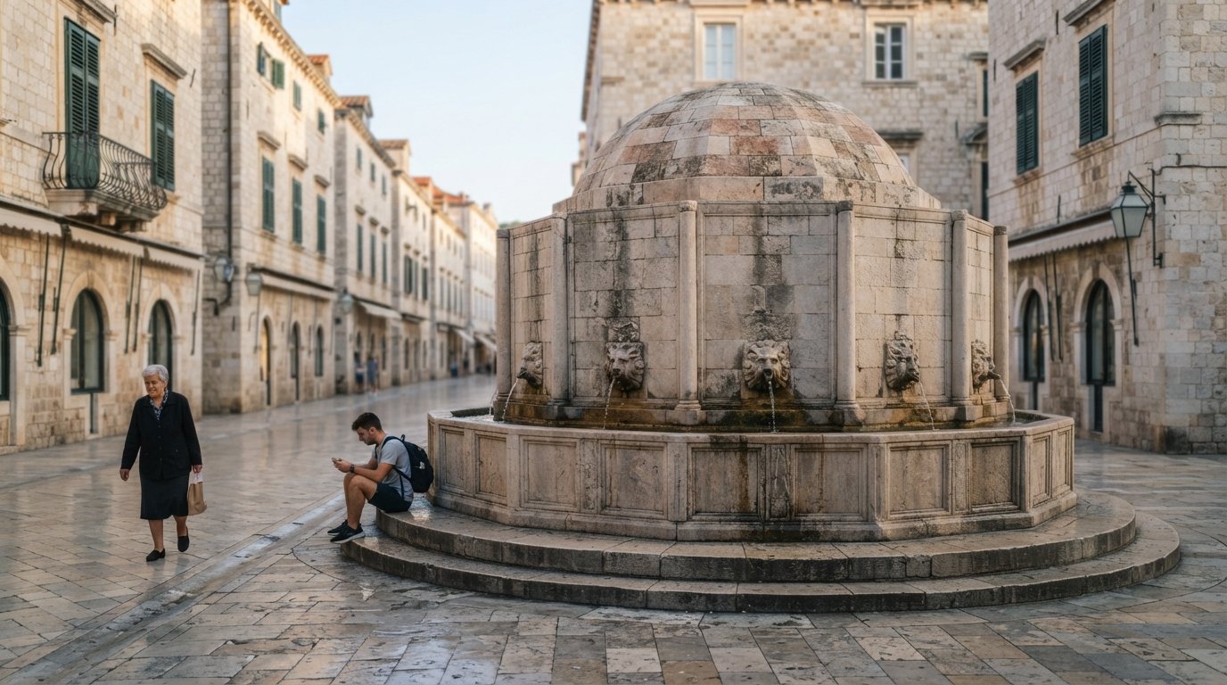 Onofrio’s Fountain at the western end of the Stradun, the round stone fountain framed by early-morning limestone and empty lane