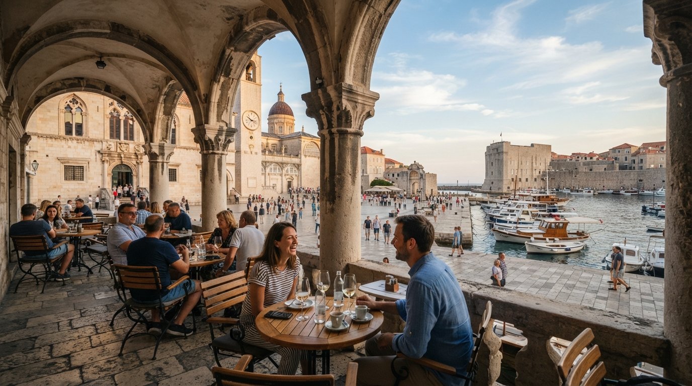 the terrace at Gradska Kavana Arsenal under old stone arches on Luža Square, looking out over the old harbour in late-afternoon light