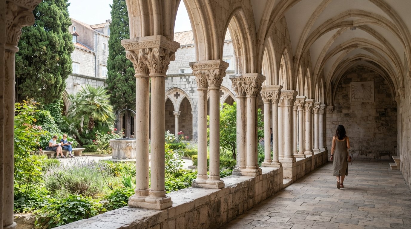 the Gothic cloister of the Franciscan Monastery & Old Pharmacy, pale stone arches and a quiet courtyard in soft midday shade