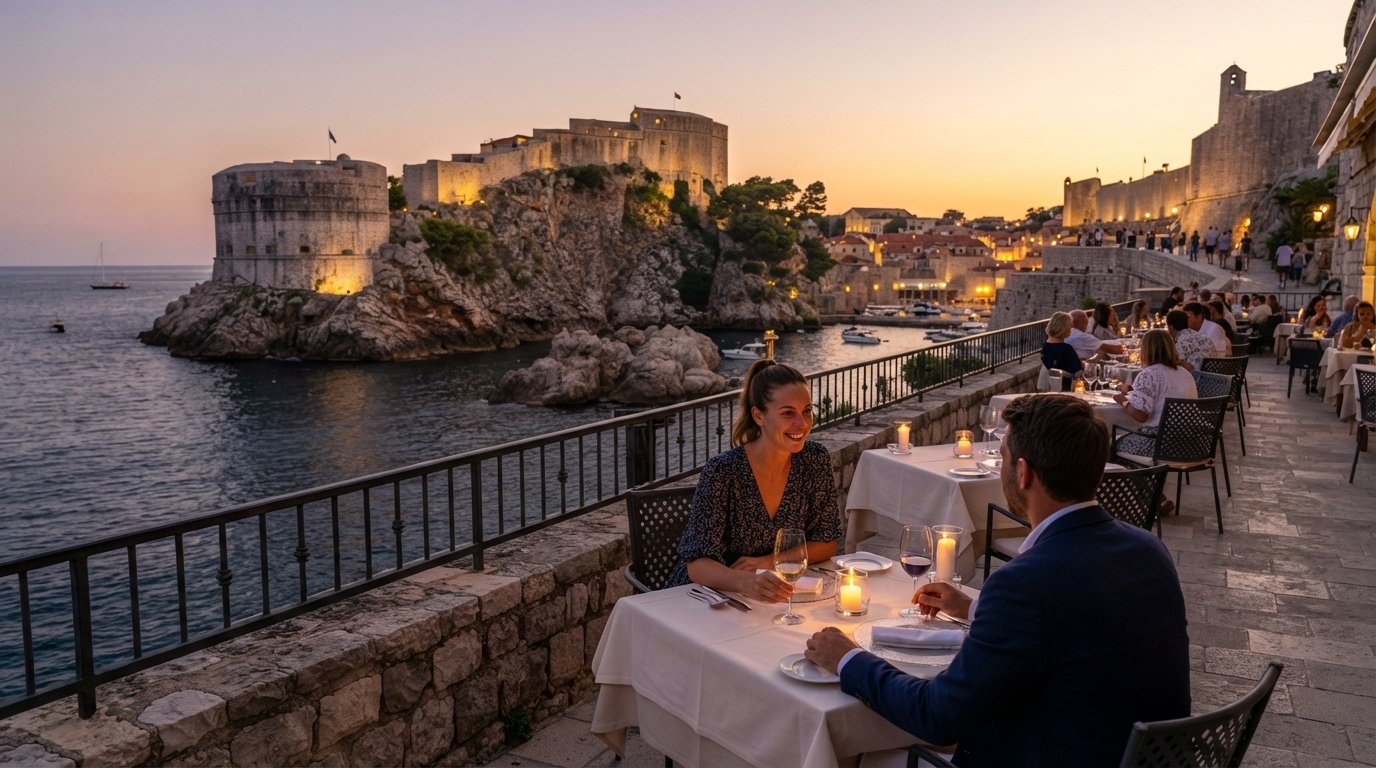 Nautika’s sea-facing terrace at sunset, fine-dining tables looking directly toward the lit Lovrijenac fortress and Bokar bastion