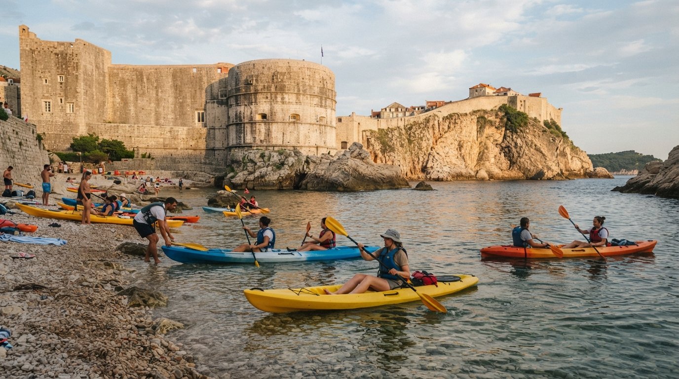 sea kayaks launching from the small Pile-Šulić beach, paddlers heading along the fortress walls at early evening