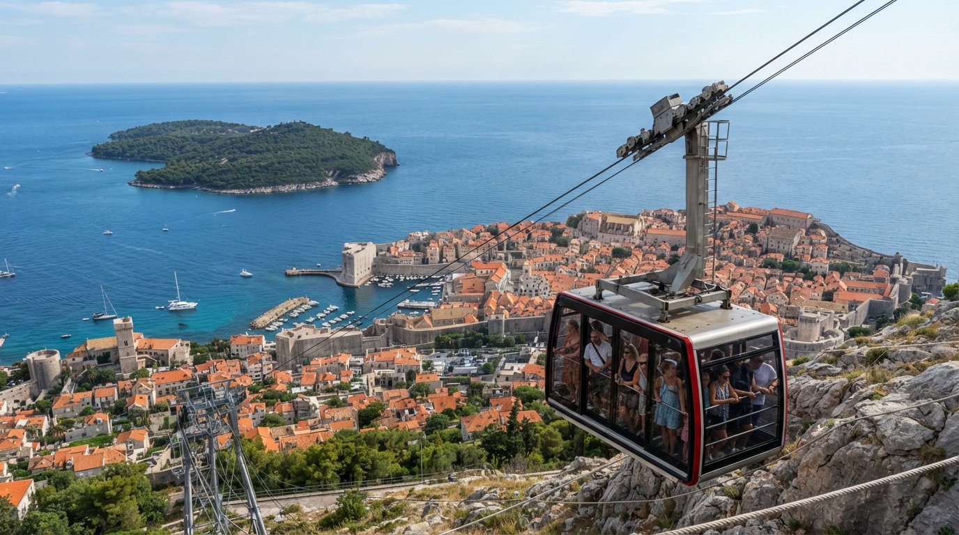 the Dubrovnik cable car ascending Mount Srđ, with the Old Town, Lokrum and Adriatic spread below in clear daylight